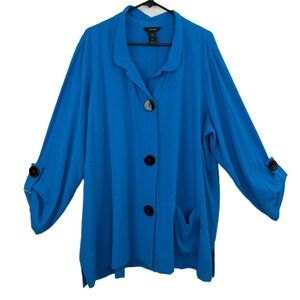 Ali Miles Jacket Womens 2X Blue Textured Roll Tab Sleeve Button Back Crepe Top
